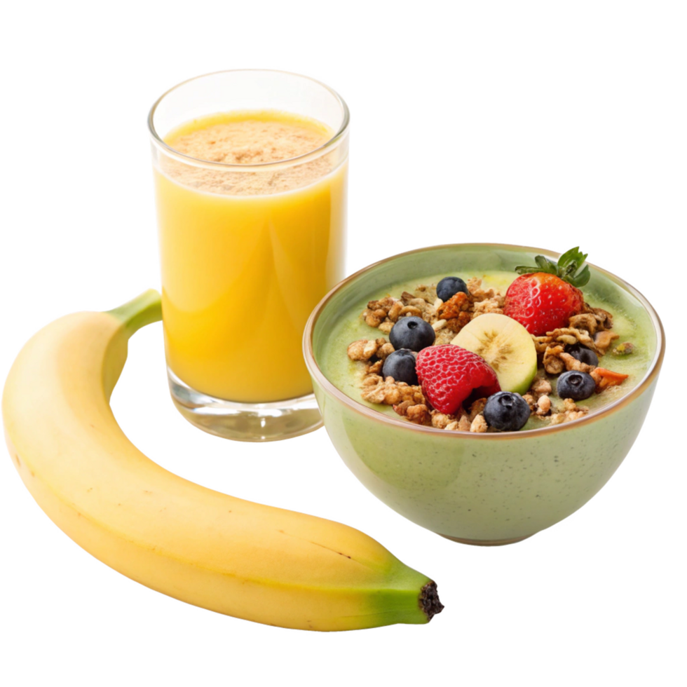 Delicious and Healthy Breakfast Bowl with Orange Juice and Banana png