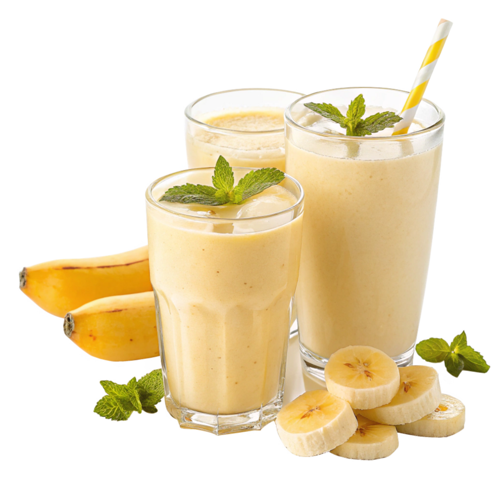 Refreshing Banana Smoothies in Glasses with Mint Garnish and Straw png