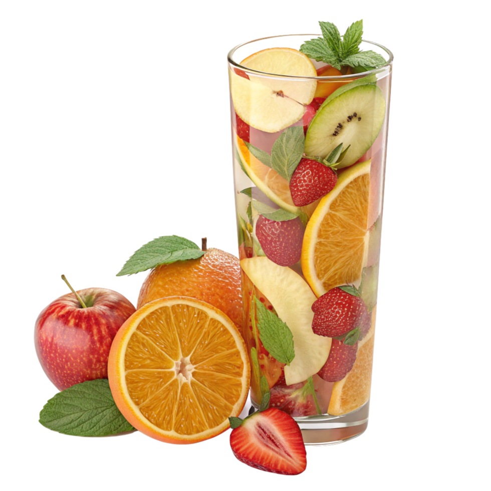 Refreshing Fruit Infused Water with Slices of Orange Strawberry Kiwi Apple and Mint png