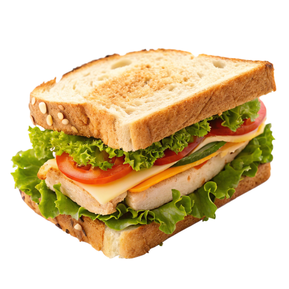 Delicious toasted sandwich with chicken breast lettuce tomato and cheese png