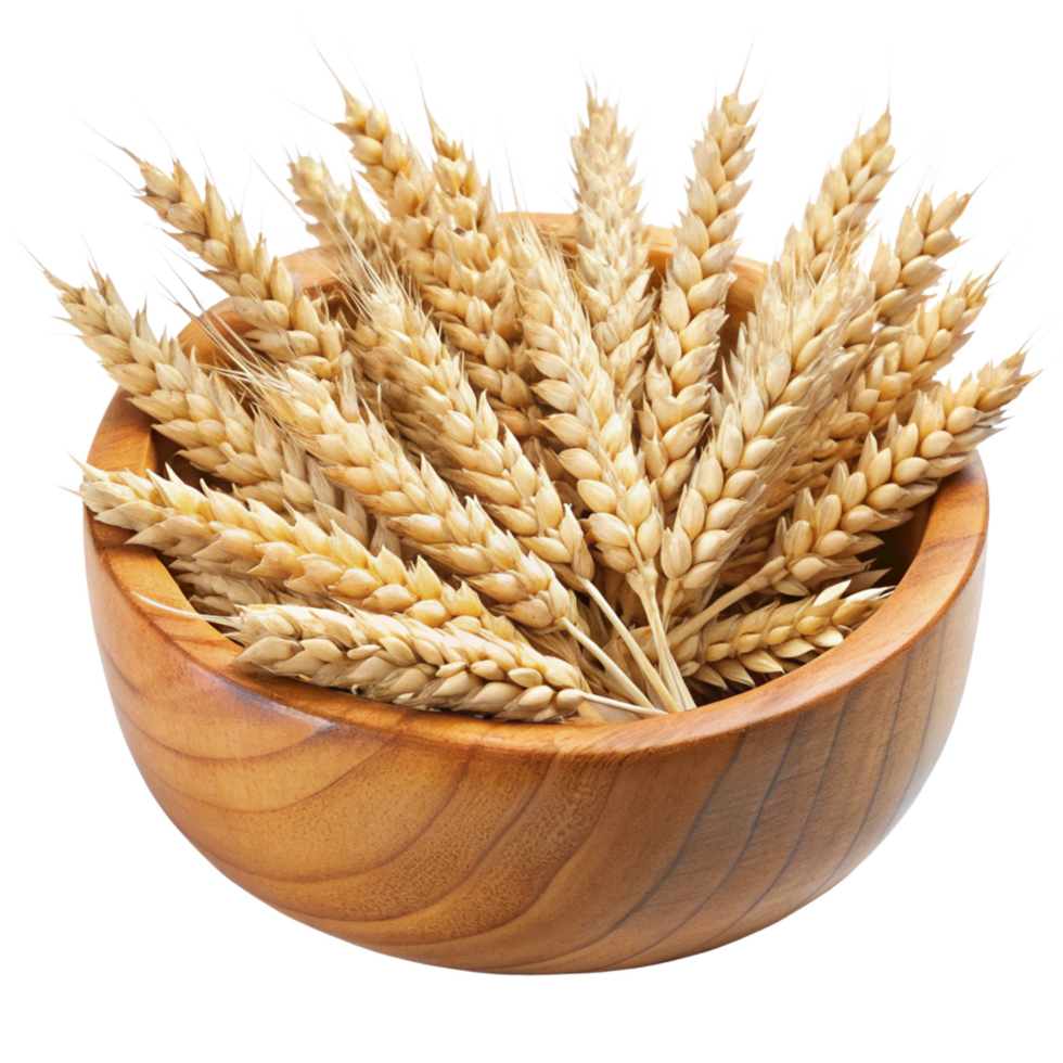 Golden Wheat Ears in a Wooden Bowl A Closeup View of Ripe Wheat png