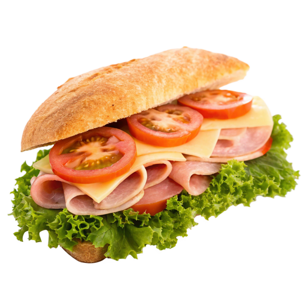 Delicious Ham and Cheese Sandwich on Ciabatta Bread with Lettuce and Tomato png