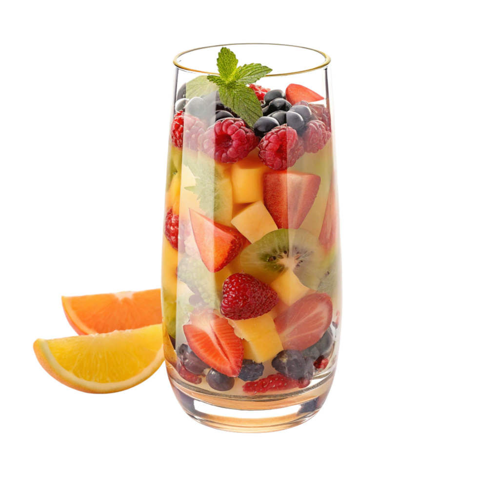Refreshing summer fruit salad in a glass with orange slices png