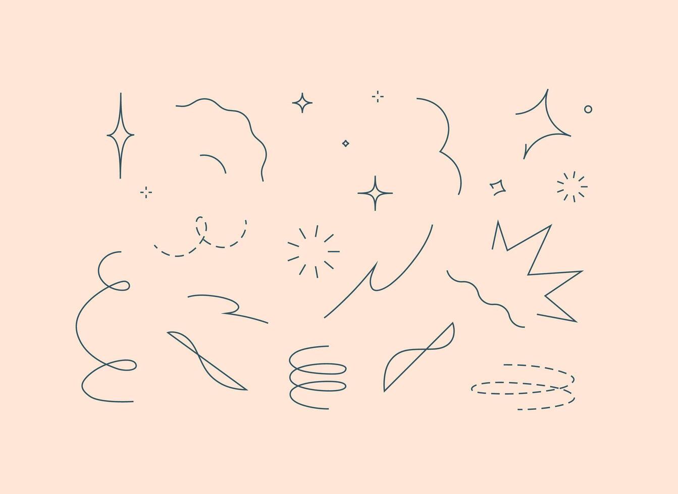 Star line doodle design elements drawing with turquoise on beige background vector