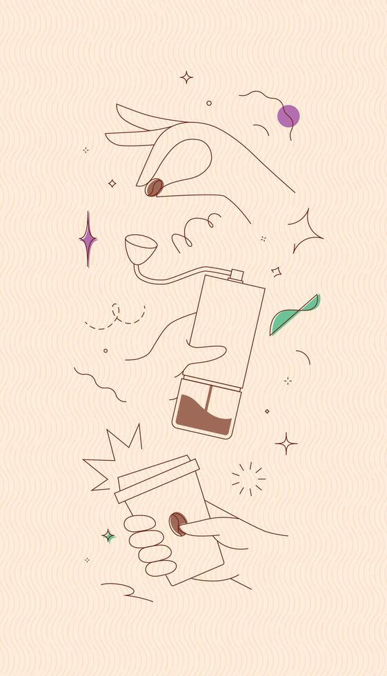 Coffee bean and grinder take away cup symbols drawing in modern linear art style on grey background vector