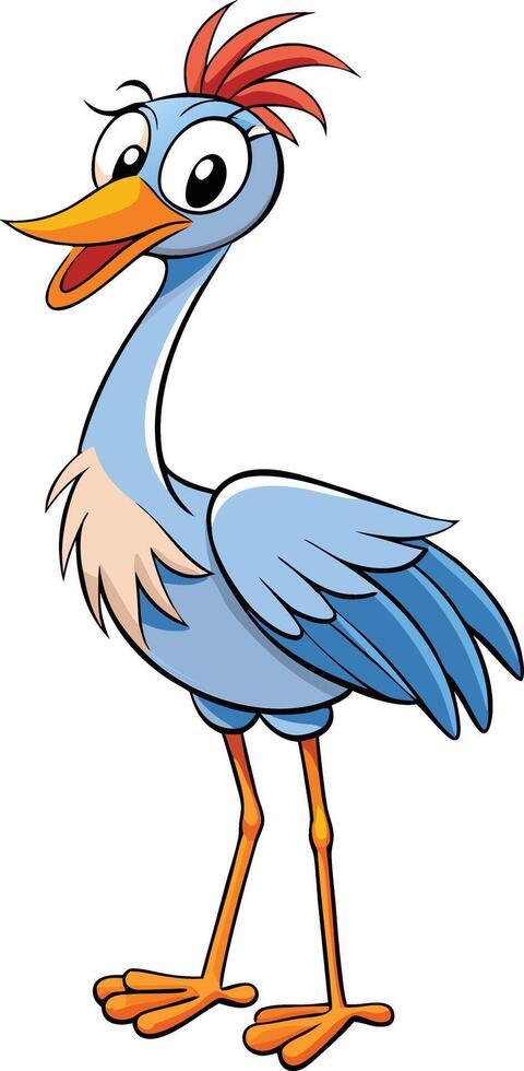 Cartoon blue heron with red beak and blue feathers vector