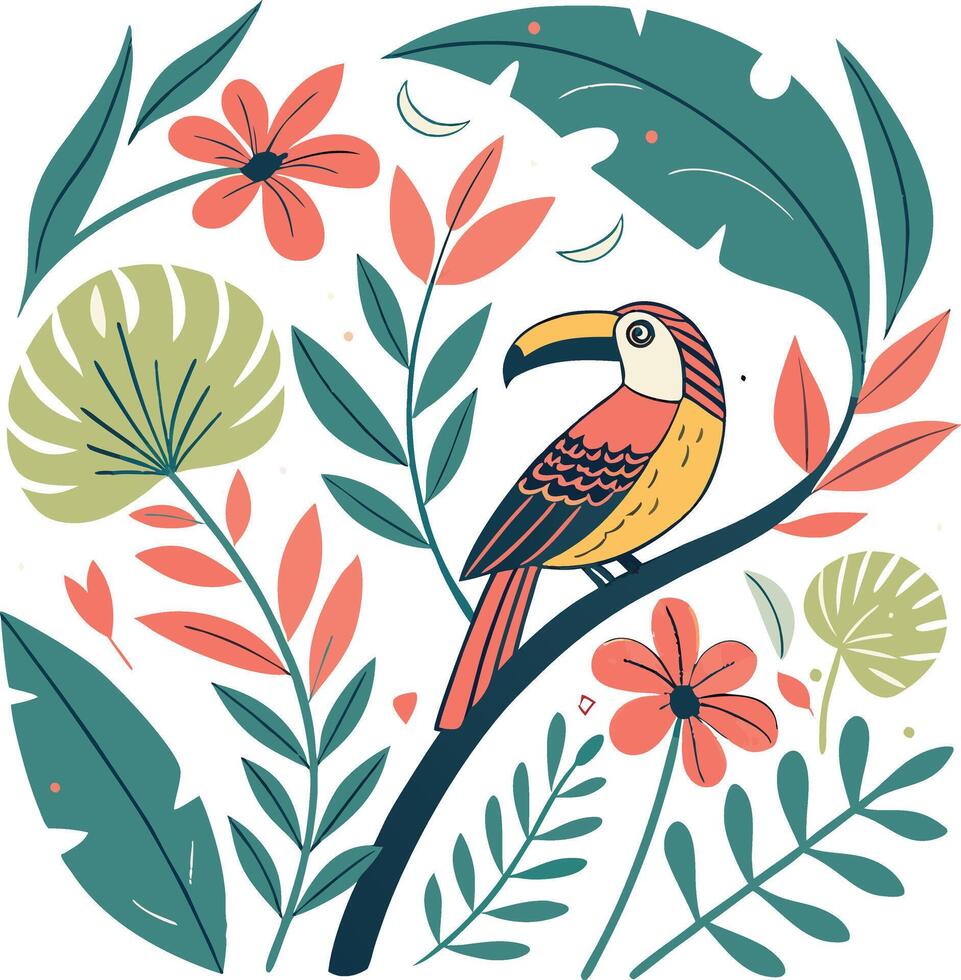 Tropical bird on a branch with flowers and leaves vector
