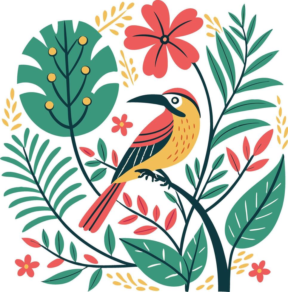 A colorful bird sitting on a branch with flowers and leaves vector