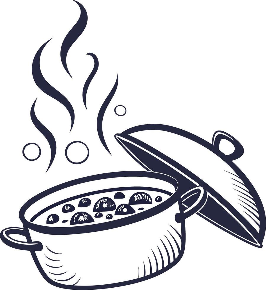 A black and white drawing of a pot with food in it vector