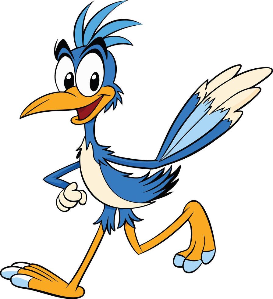 Cartoon bird running with long wings and blue feathers vector