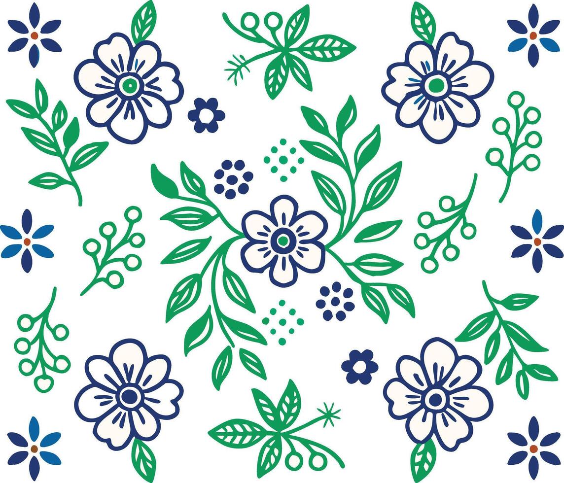 Seamless floral pattern with blue and green flowers vector