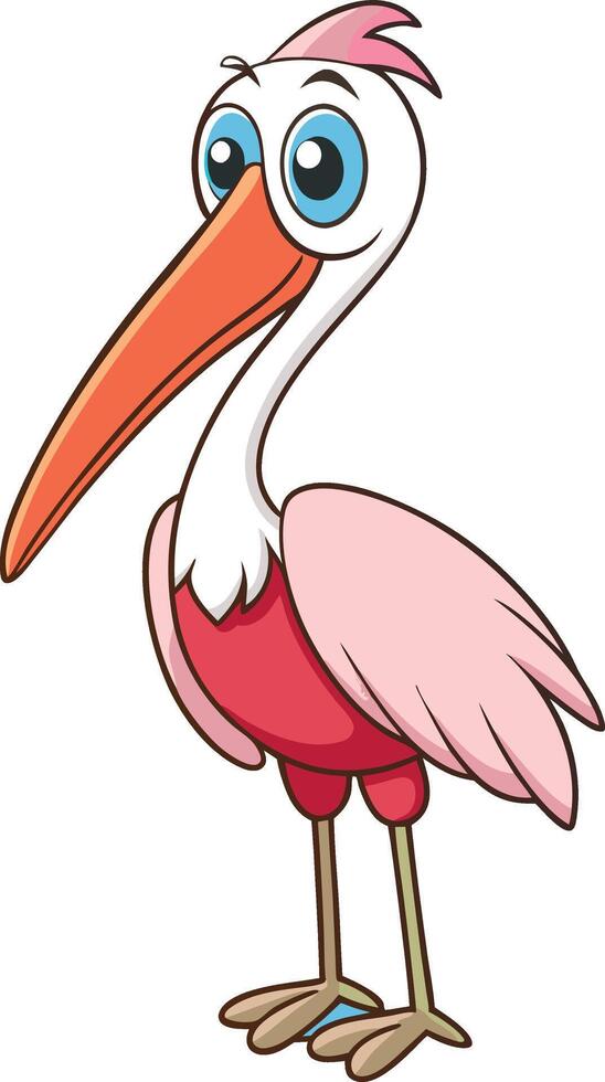 A cartoon pink stork with big beak and long legs vector