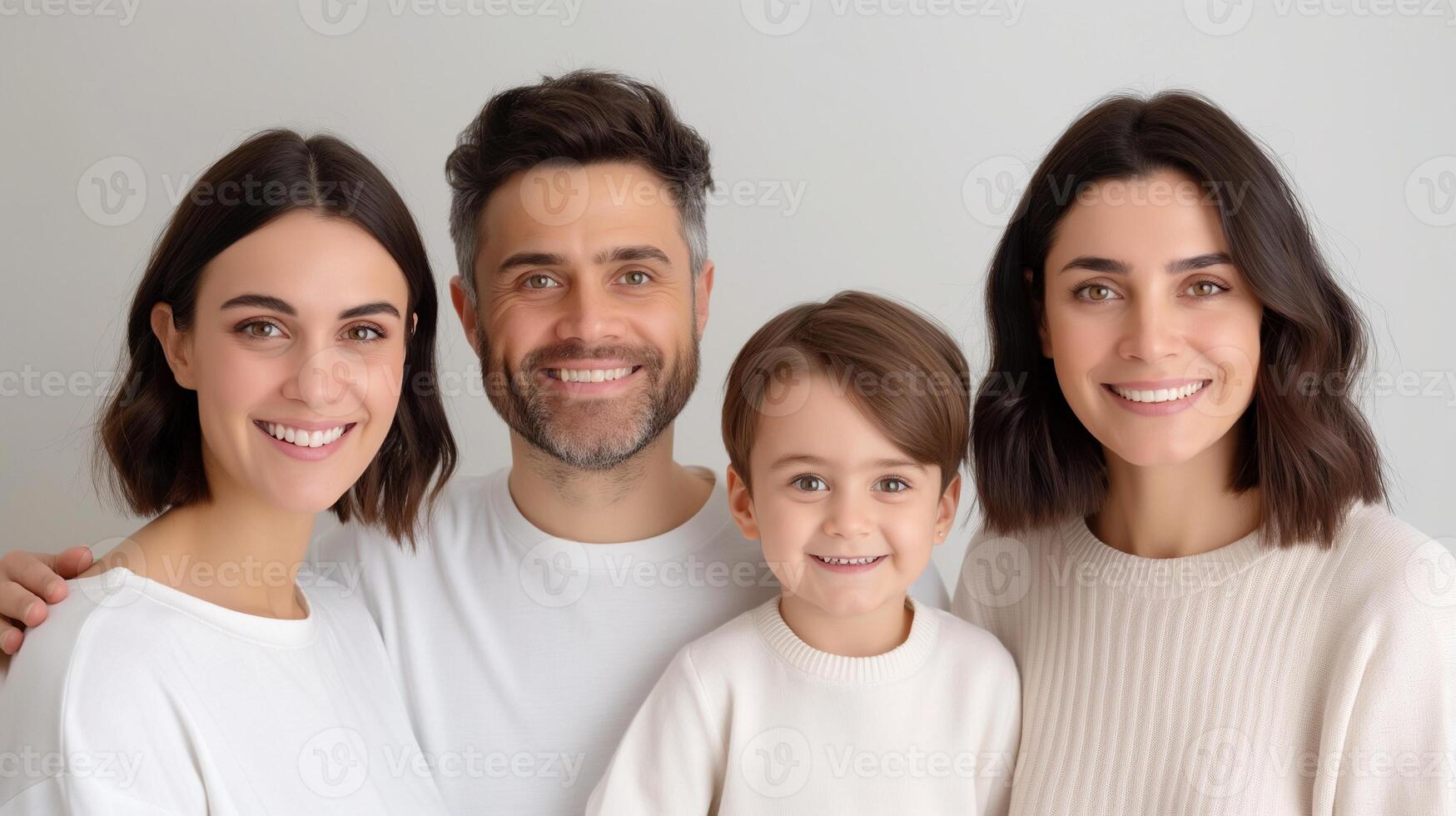 Bright and happy family in white outfits portrait image. Parents, young son and adult daughter minimal aesthetics photography human scene. Close bond relationship concept photo-realistic photo