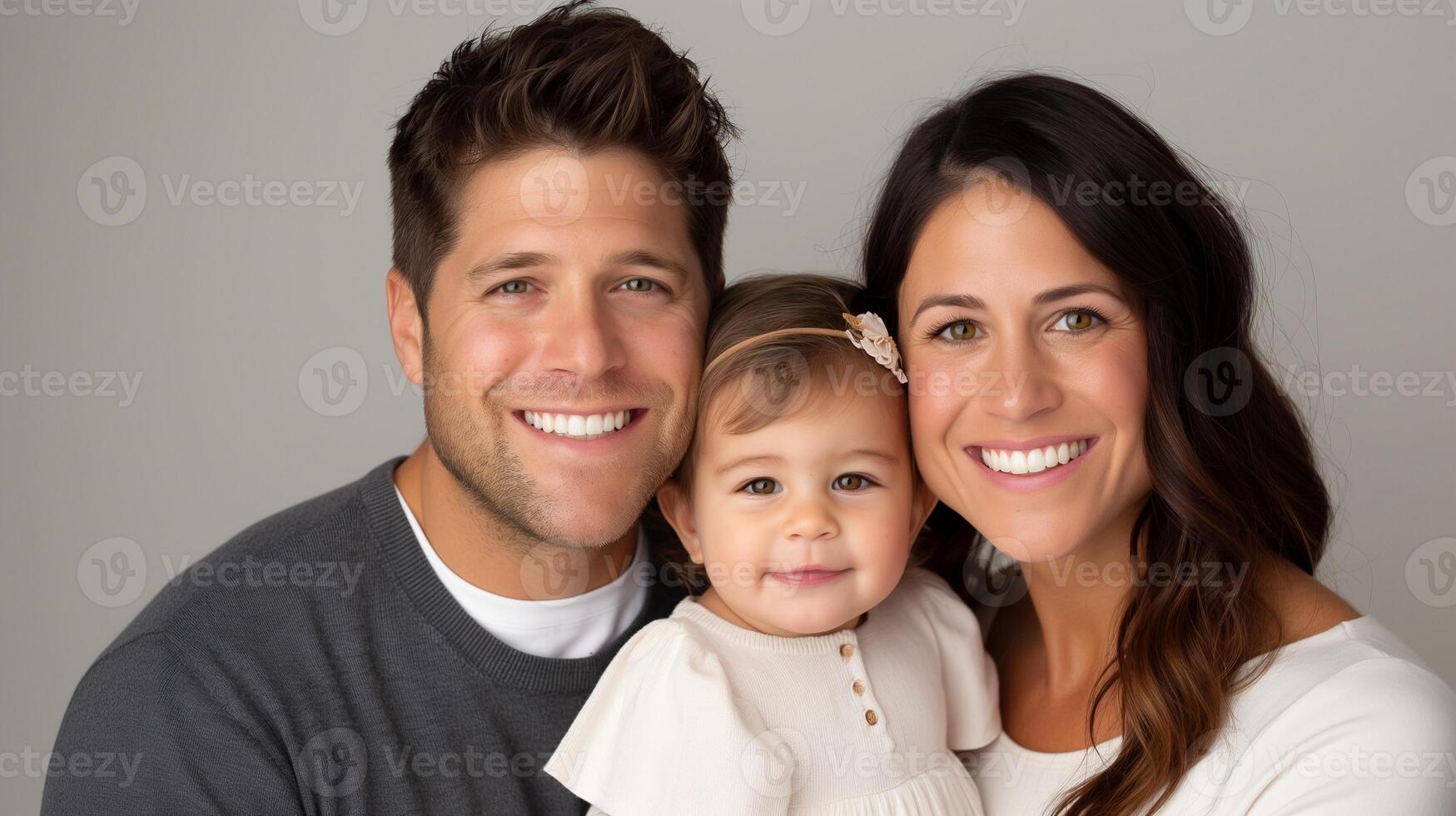Smiling european family portrait with baby girl image. Cute toddler with loving parents in soft tones photography human scene. Close bond relationship concept photo-realistic photo
