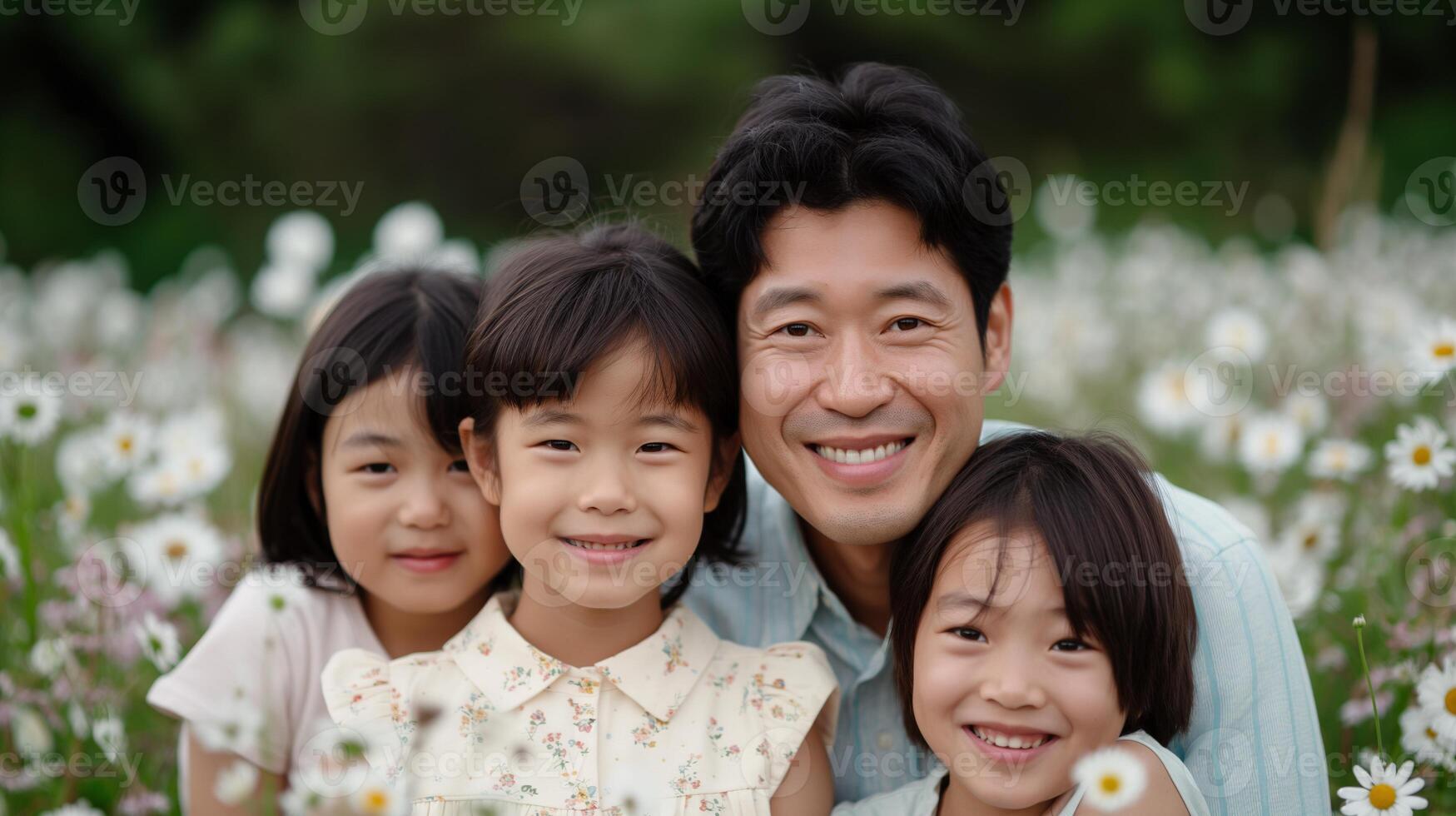 Asian father and daughters smiling in daisies flower field portrait image. Loving dad with three girls in chamomiles photography human scene. Heartwarming family concept photo-realistic photo