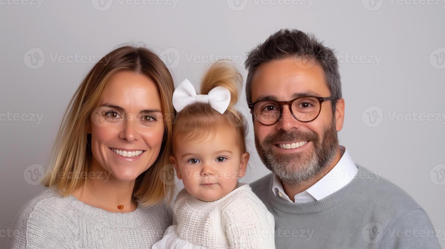 Elegant family portrait with baby girl in gray tones image. White bow toddler, glasses father, smiling mother photography human scene. Close bond relationship concept photo-realistic photo