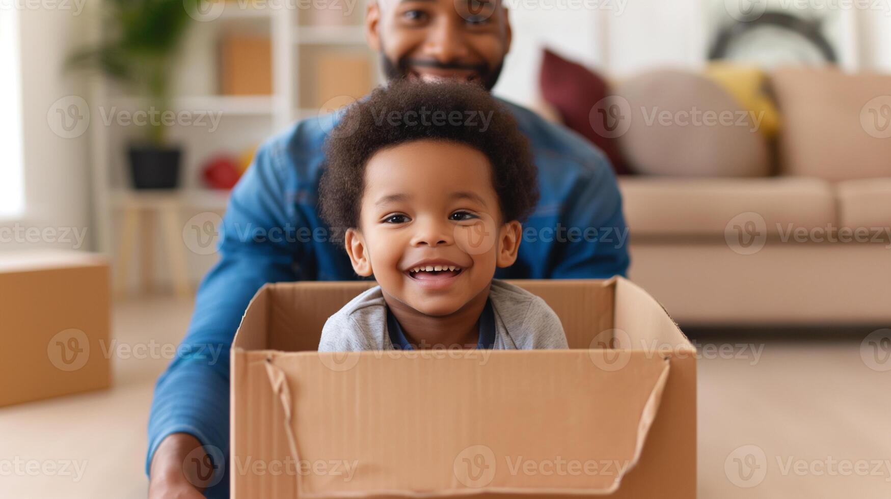 Laughing african american toddler enjoying box ride with father portrait image. Black family activity, quality time photography human scene. Parenting moment concept photo-realistic photo