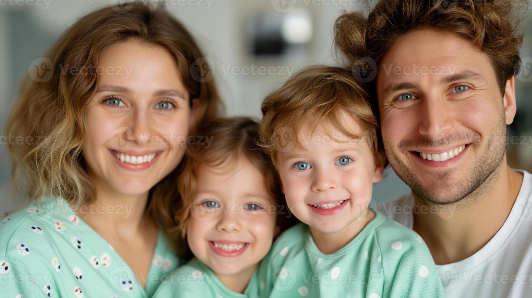 Cheerful european family with two kids in pajamas portrait image. Loving parents and young children home comfort photography human scene. Bedtime routine concept photo-realistic photo