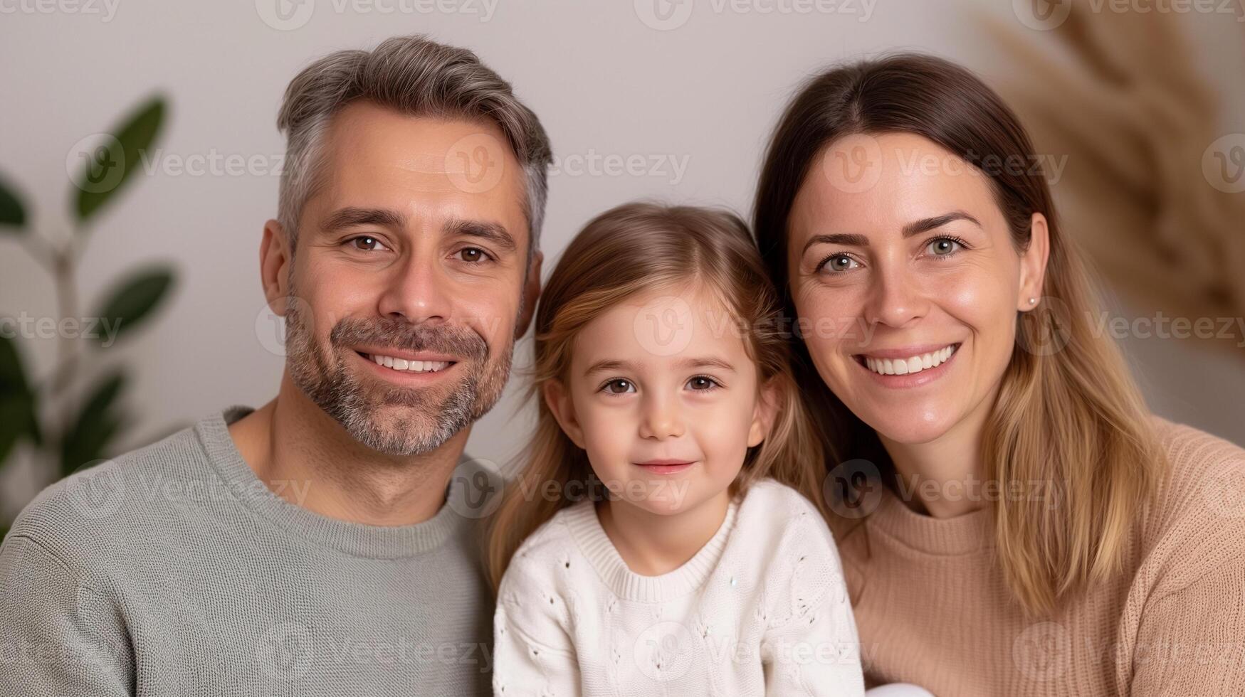 Relaxed and happy family of three sitting together in warmly lit home portrait image. Comfortable parents girl photography human scene. Close bond relationship concept photo-realistic photo