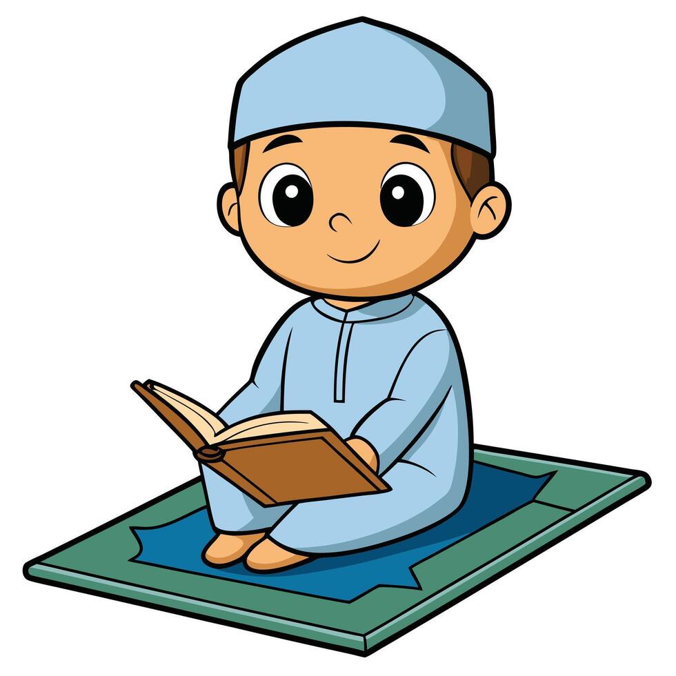 A cartoon muslim boy reading a book vector