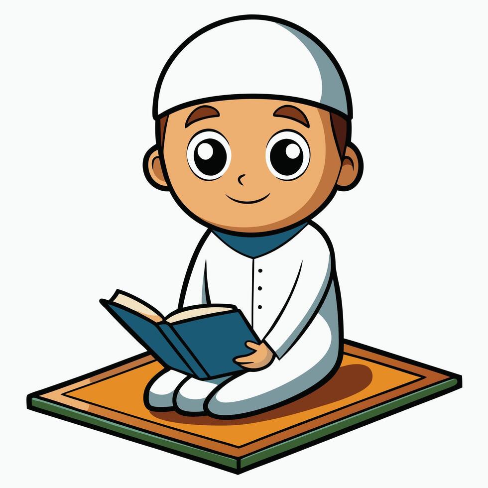 Cartoon muslim boy reading book vector