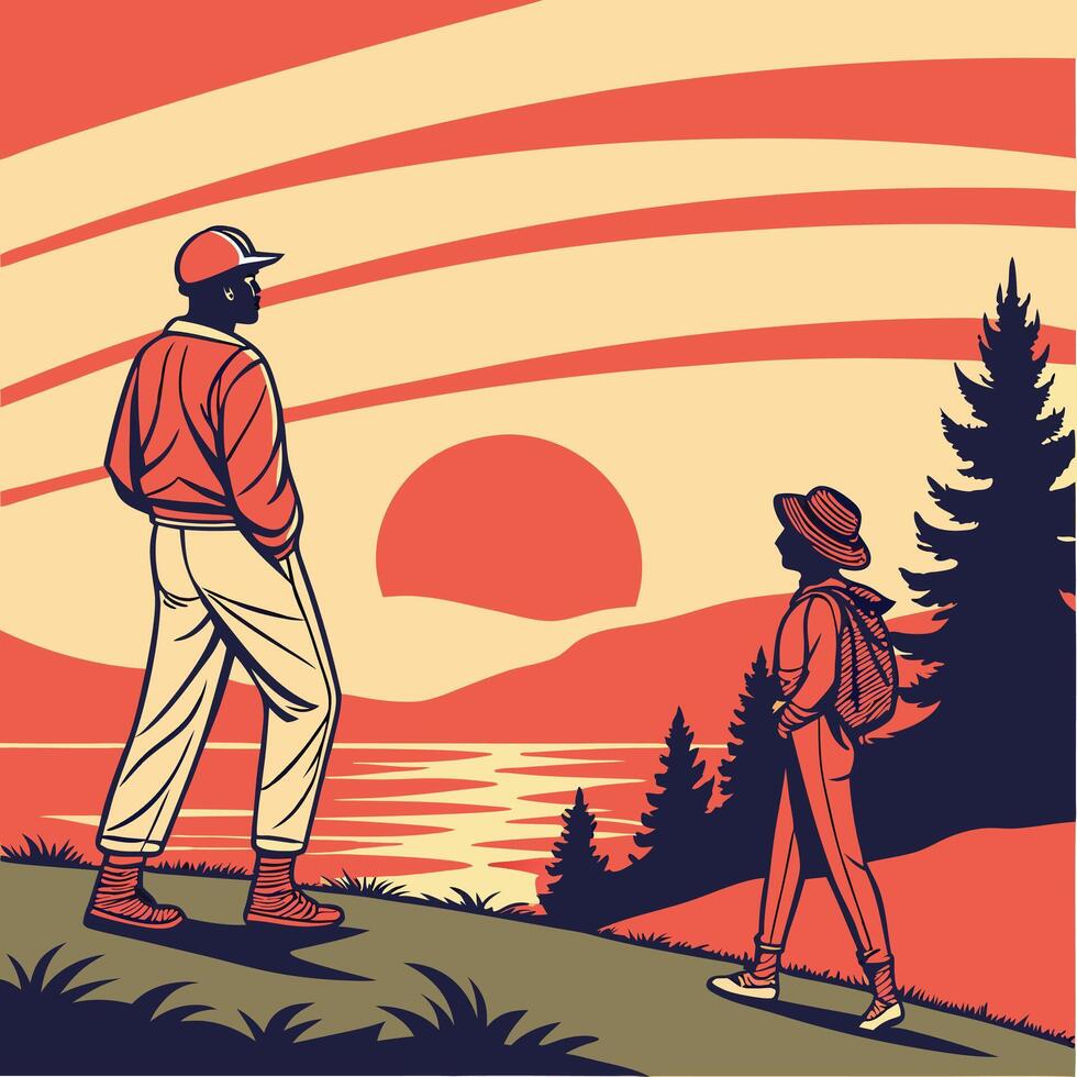 A man and woman standing on a hill overlooking the ocean vector