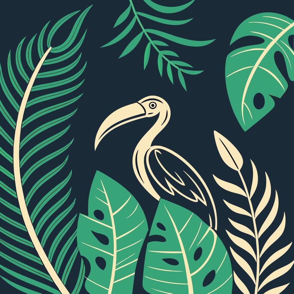 Tropical background with toucan and leaves vector