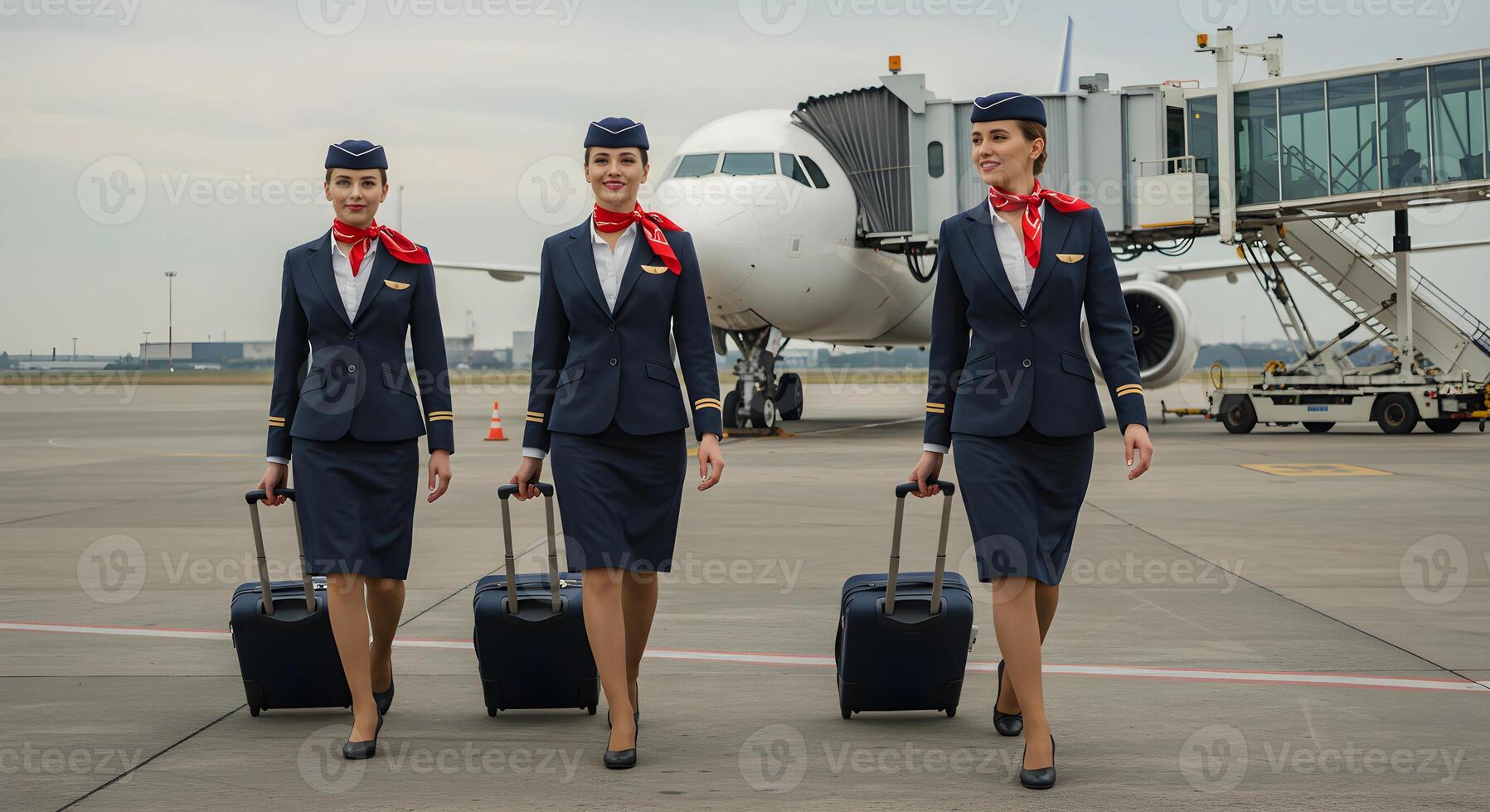 Three flight attendants with luggage walking on an airport tarmac photo