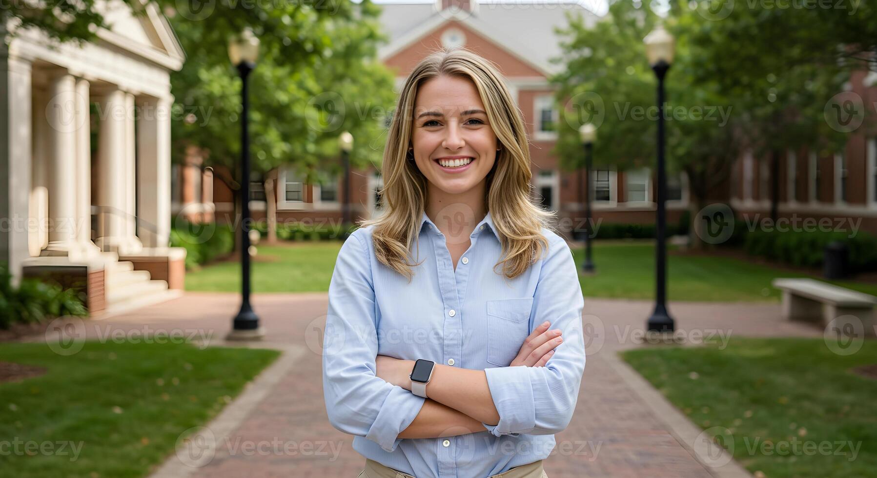 A smiling woman standing in front of a brick building photo