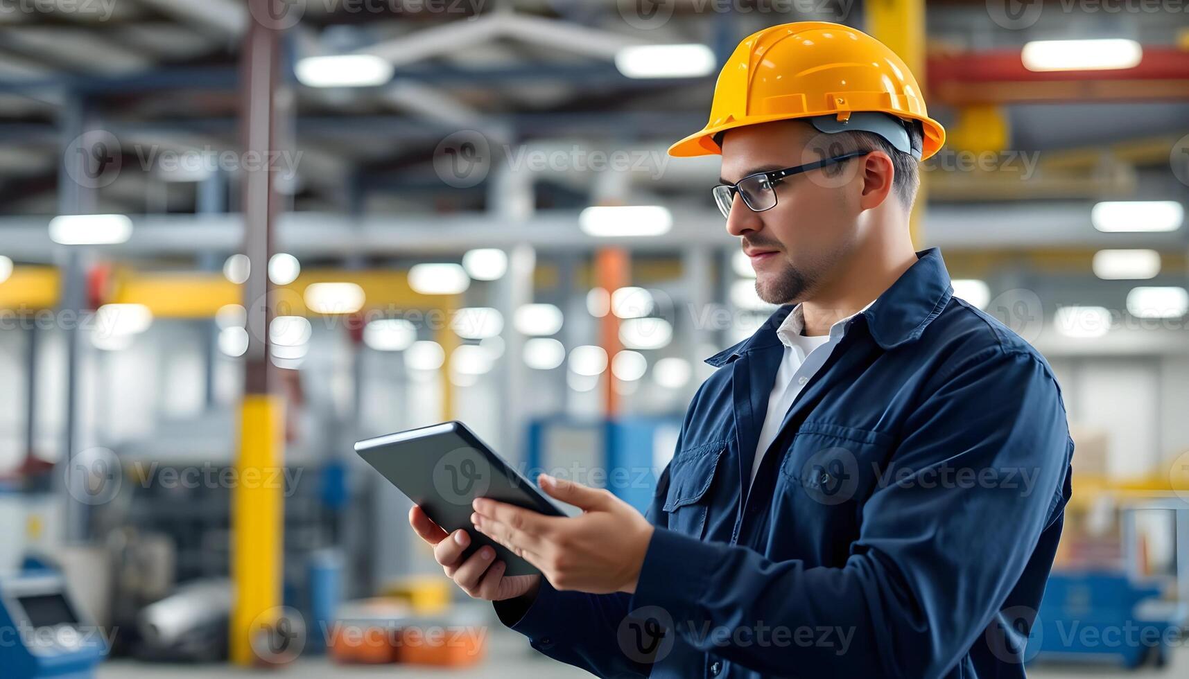 A man in a hard hat and glasses using a tablet photo