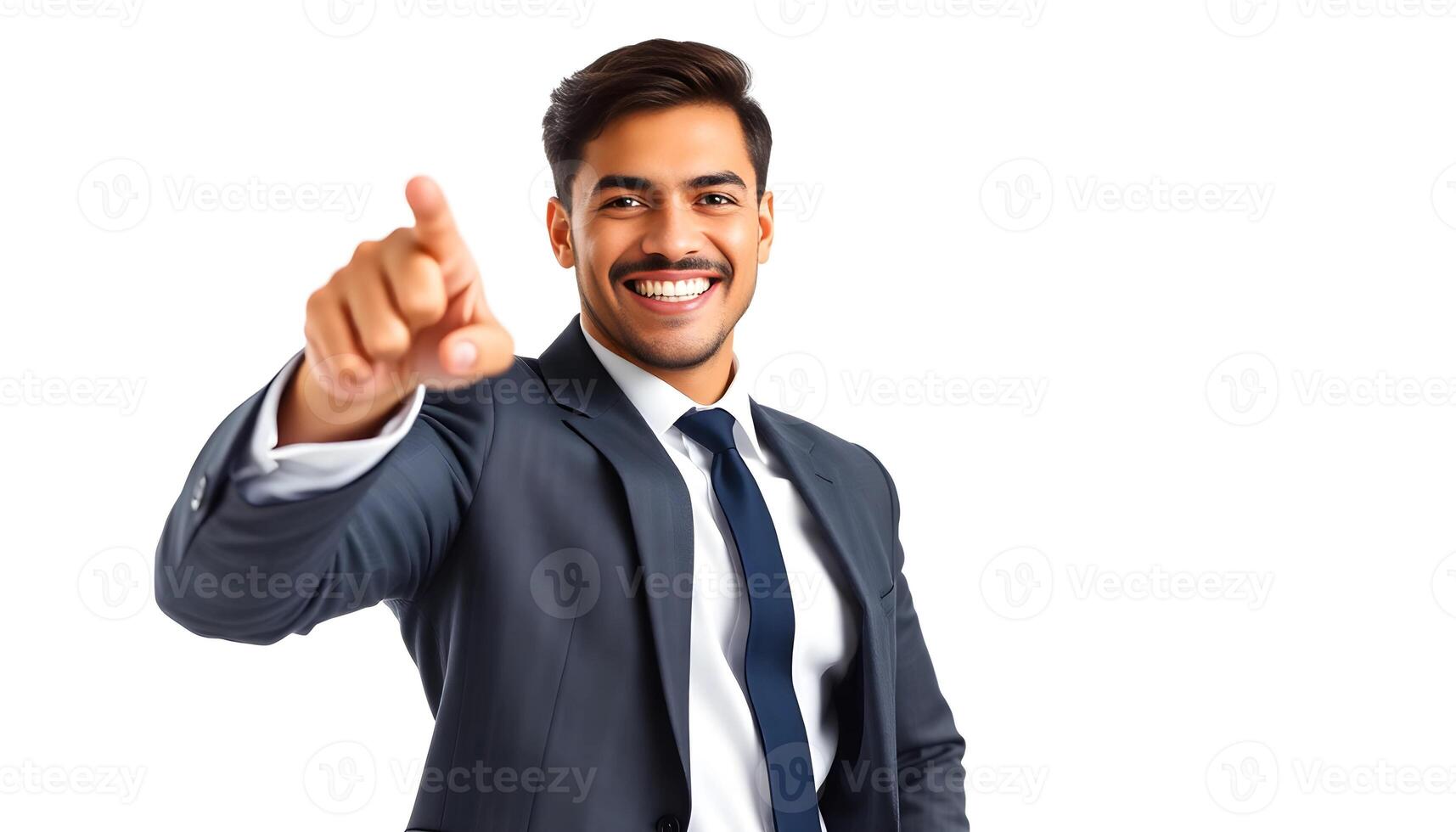 A man in a suit pointing at something photo