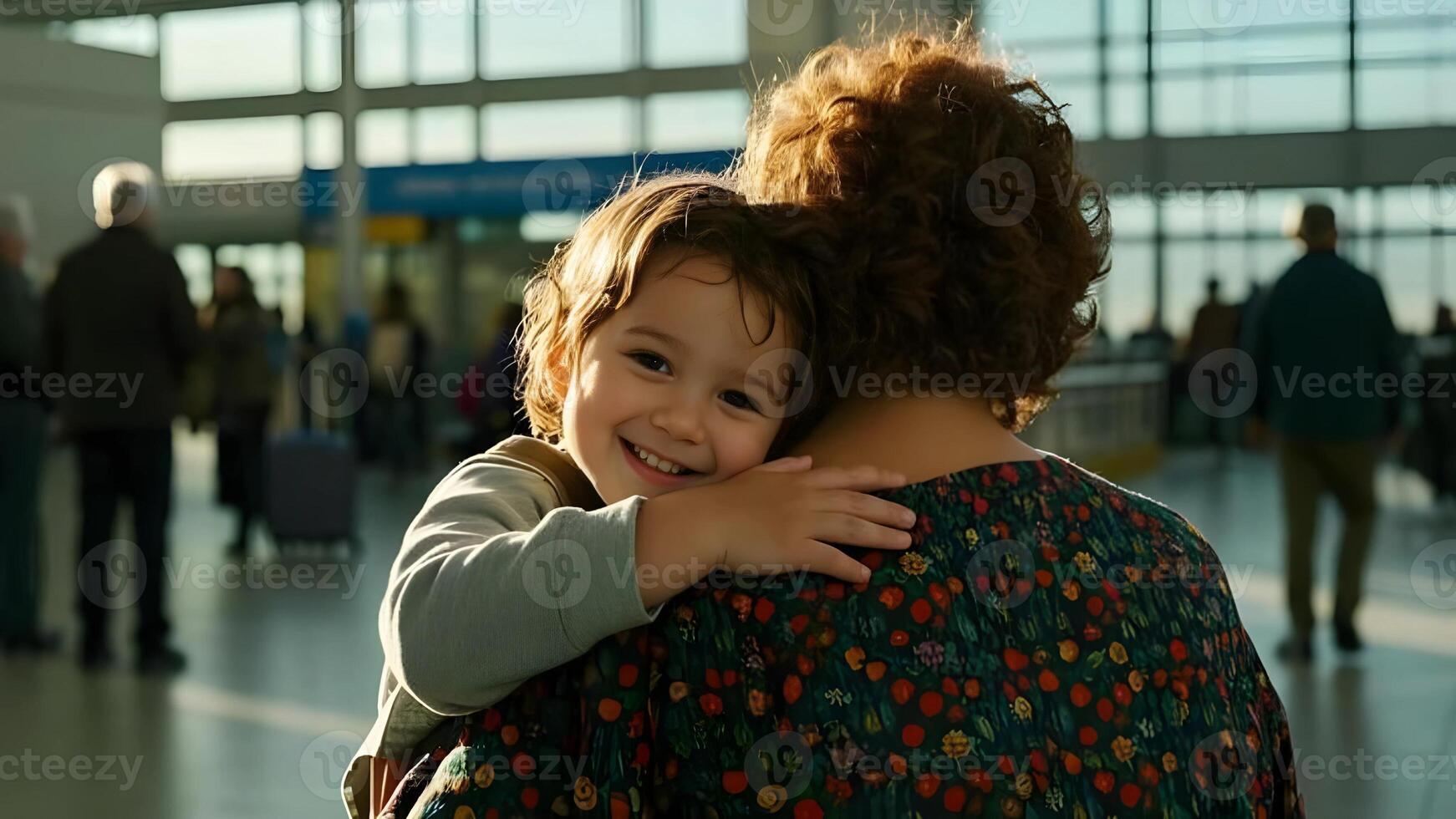 A woman and child are hugging in an airport photo