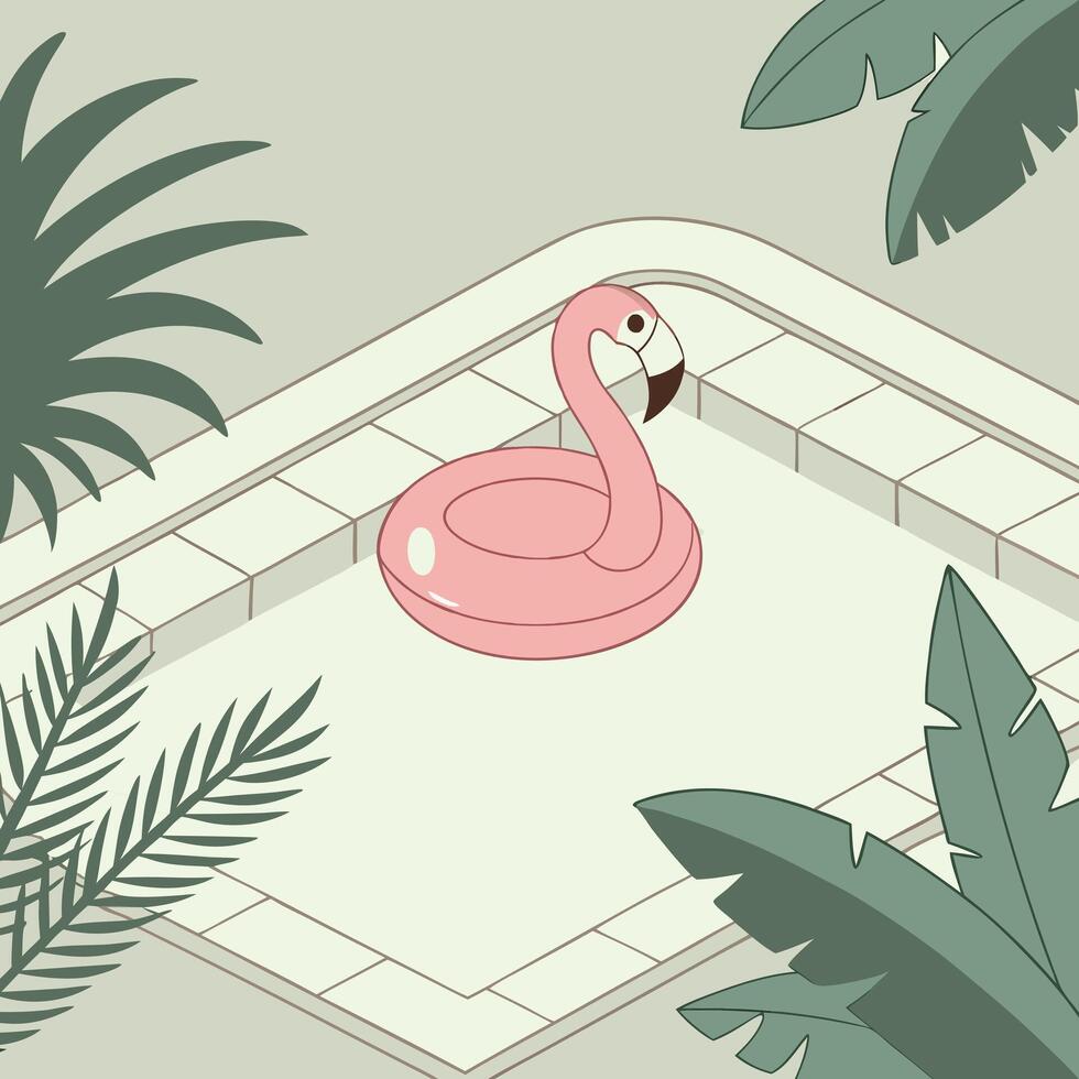 A cartoon flamingo floating in a pool surrounded by plants vector
