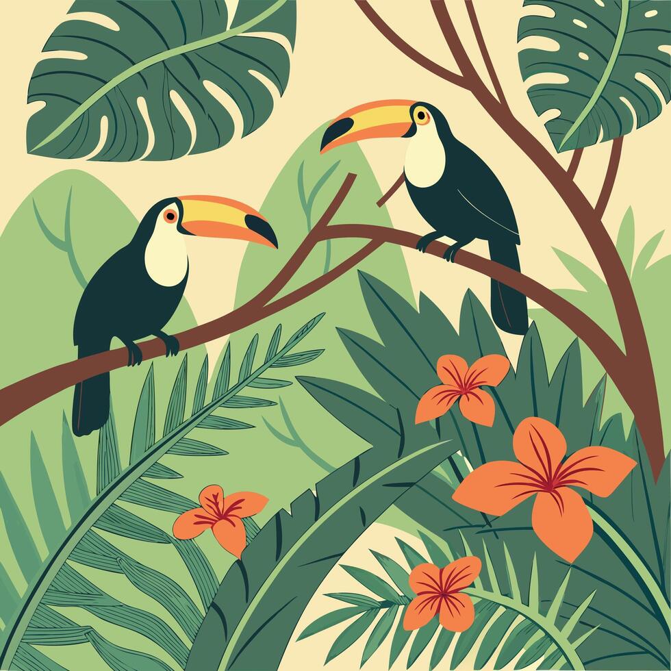 Two toucans on a branch in the jungle vector