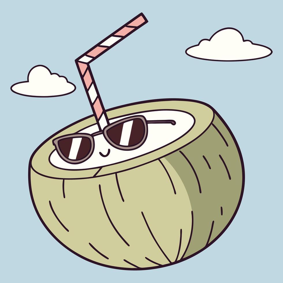 Coconut with sunglasses and straw vector