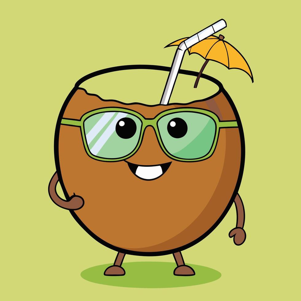 Coconut with sunglasses and umbrella illustration vector