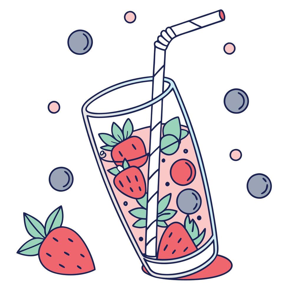 A glass of strawberry juice with a straw and berries vector