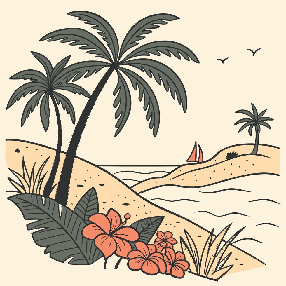Tropical beach with palm trees and flowers vector