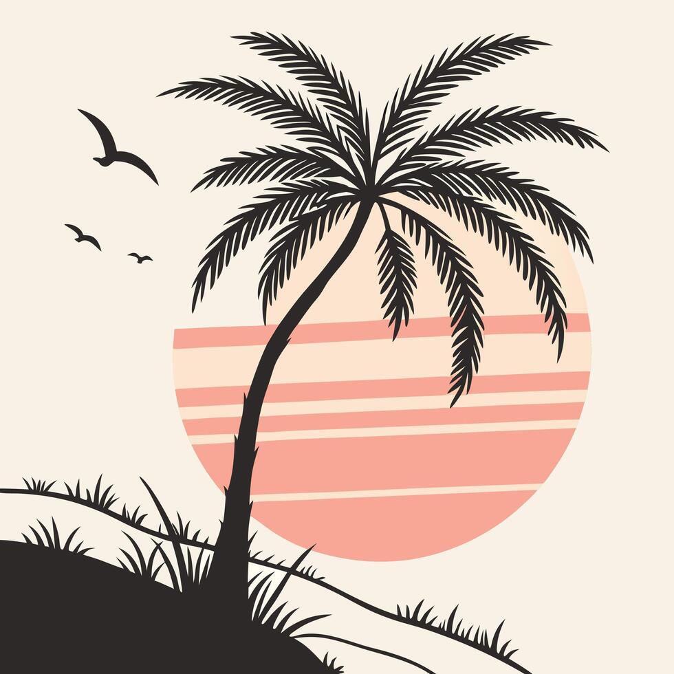 Palm tree and birds on the beach at sunset vector
