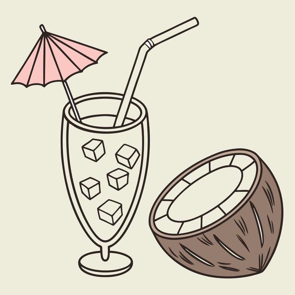 Coconut drink with ice cubes and umbrella illustration vector