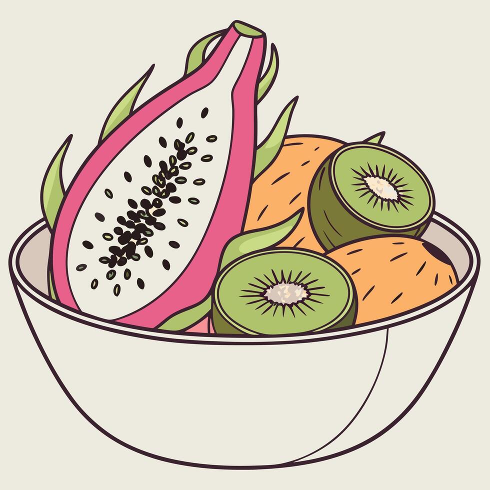 A bowl of fruit with a dragon fruit and kiwi vector