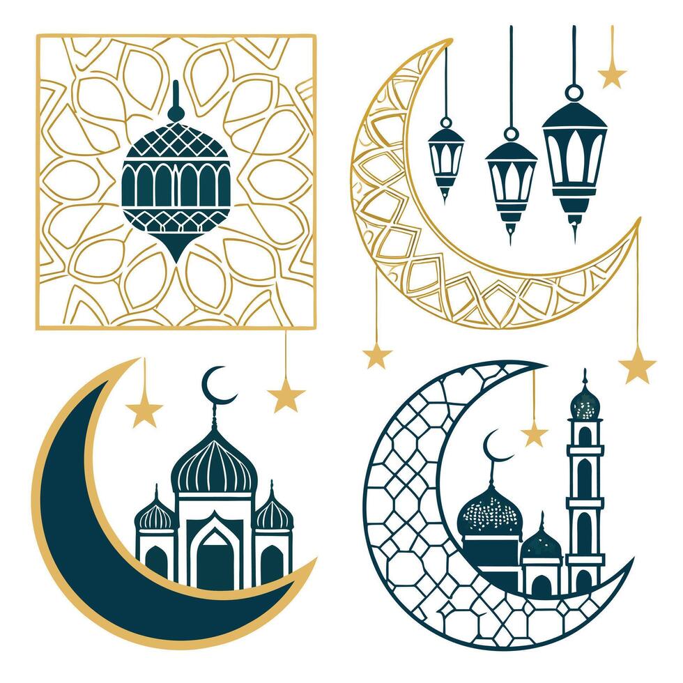 Islamic symbols set with crescent and mosque vector