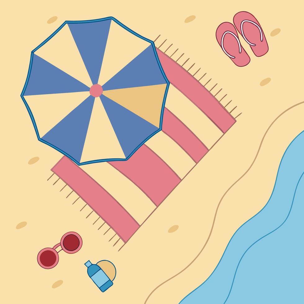 Beach towel, sunglasses, flip flops and umbrella on the sand vector