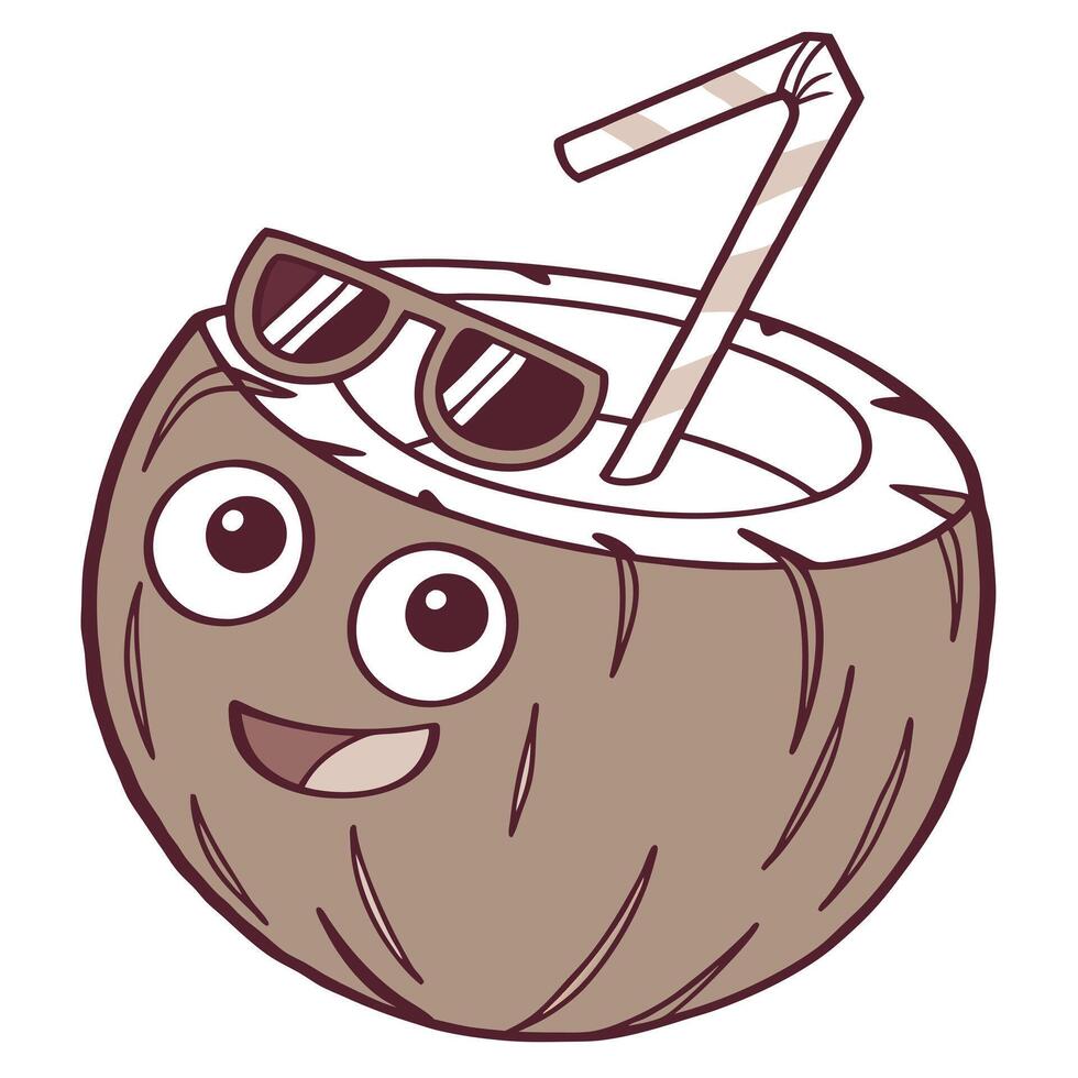 Coconut with sunglasses and straw illustration vector