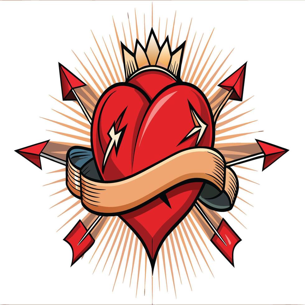 A tattoo style heart with arrows and ribbon vector