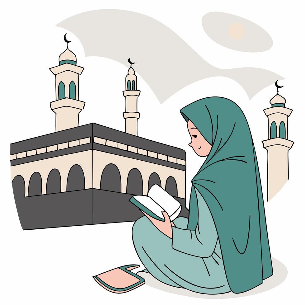 Islamic woman reading quran in front of mosque vector