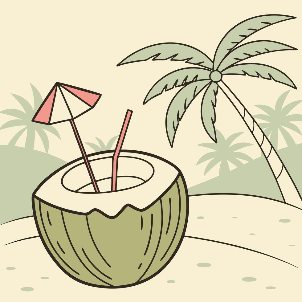 A coconut drink with an umbrella on the beach vector