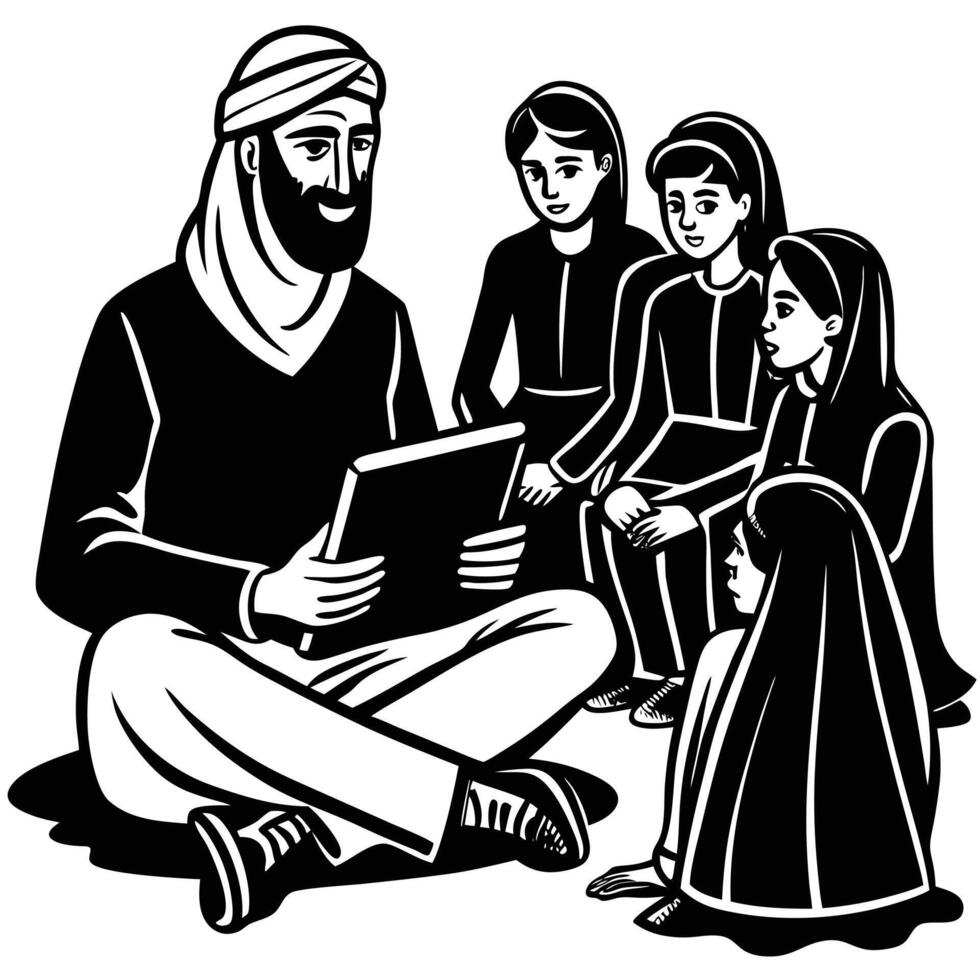 A black and white illustration of a man reading to children vector