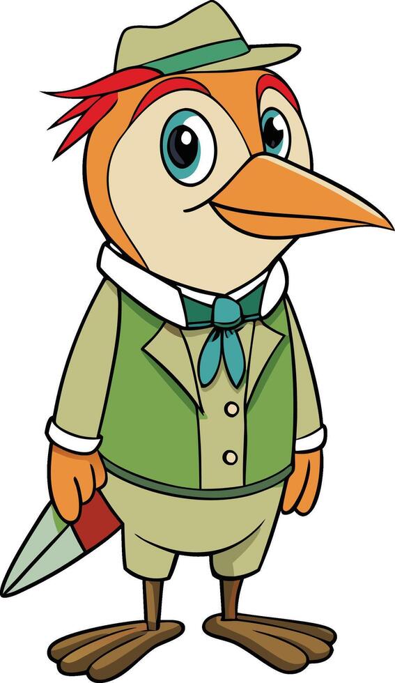 Cartoon bird with hat and green suit vector