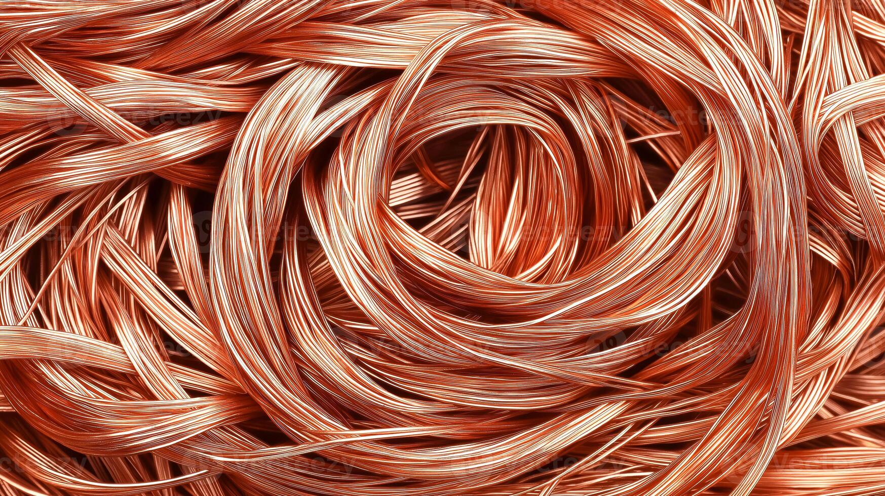 Pile of copper wire scrap, tangled together in chaotic way, with reddish-brown color of copper clearly visible. Copper recycling and its role in conserving resources, reducing photo